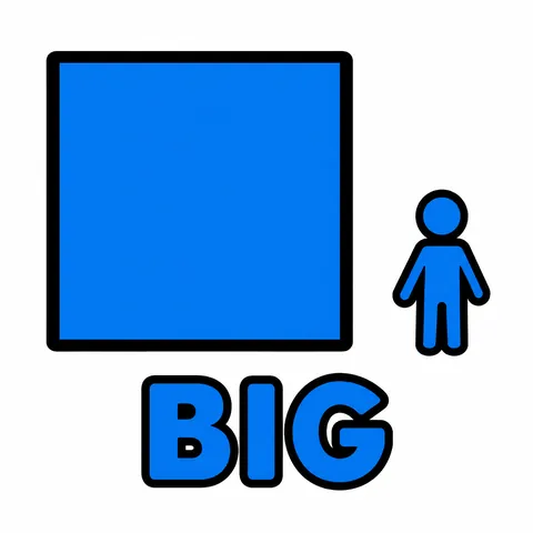 Blue symbol tile: a large square beside a tiny figure, labeled BIG