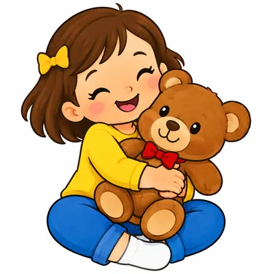 Illustration: a smiling child hugging a teddy bear