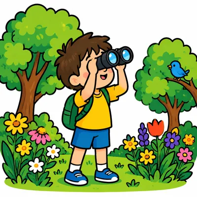 Illustration: a child in a garden looking through binoculars