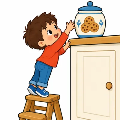 Illustration: a child on a step stool reaching up for a cookie jar