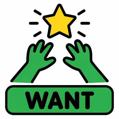 Green symbol tile: two hands reaching toward a star, labeled WANT