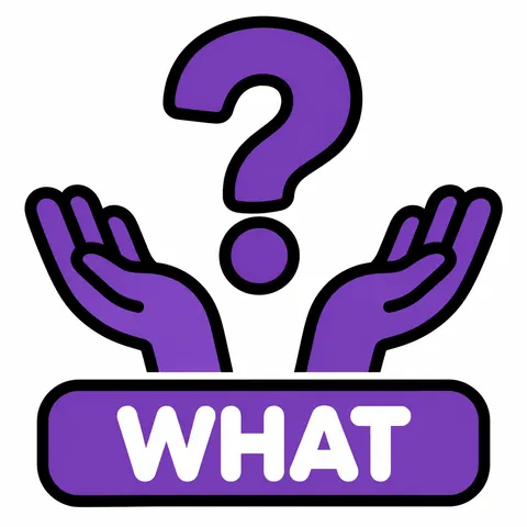 Purple symbol tile: open hands under a question mark, labeled WHAT